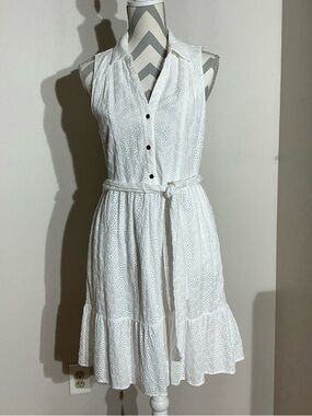 Draper James White Sleeveless Eyelet  Dress with Tie Waist Pockets